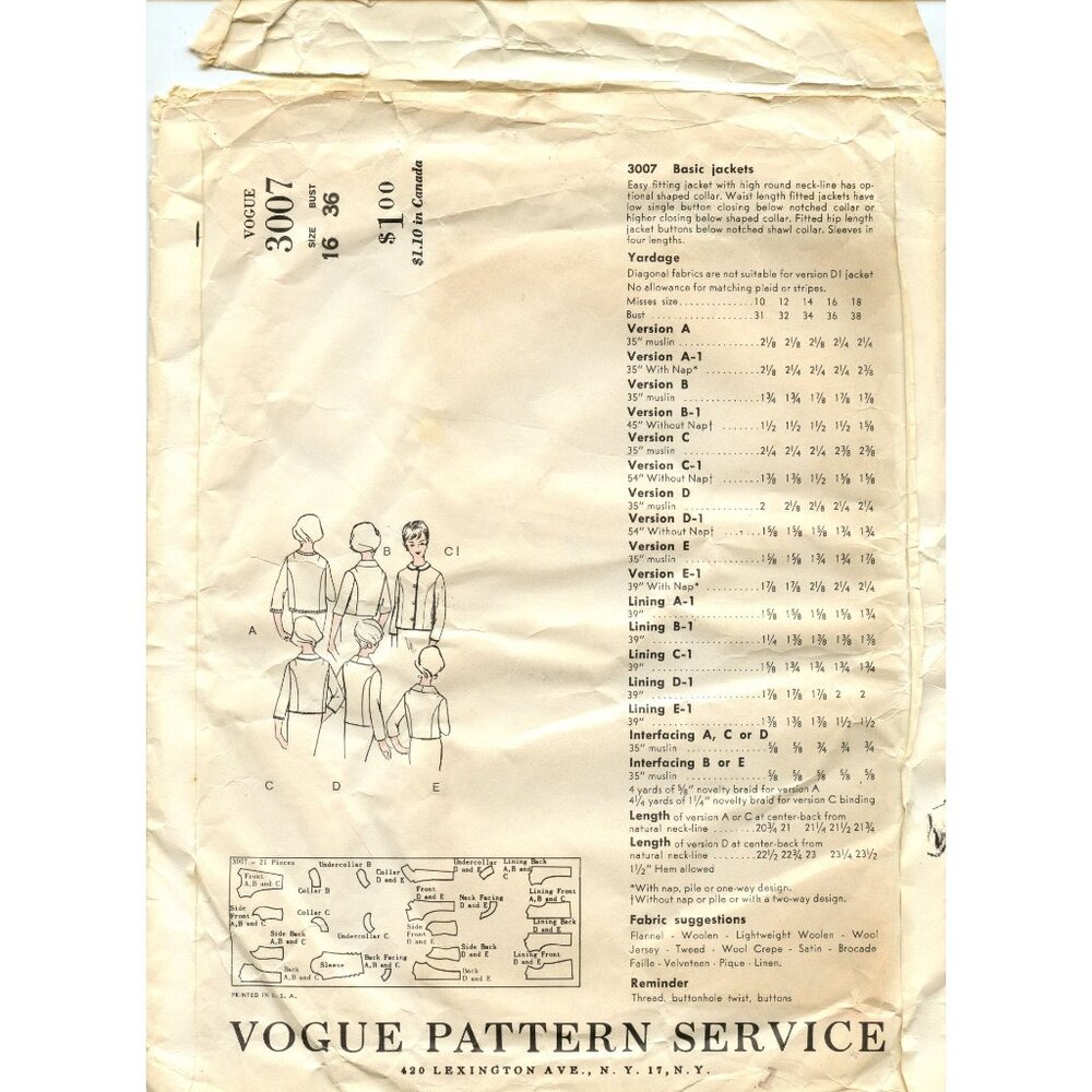 Vintage Vogue 3007 Ladies Basic Jacket Sewing Pattern Sizes 16-18 Uncut - Picture 2 of 4